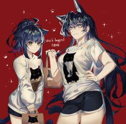 Rule 34 | 2girls, absurdres, animal ear fluff, animal ears, animal print, arknights, bag, black hair, black shorts, blaze (arknights), blue eyes, breasts, cat ears, cat girl, cat print, cat tail, closed mouth, commentary, green eyes, hair between eyes, hand on own hip, highres, holding, holding bag, jessica (arknights), kikan (kikanoe), long hair, long sleeves, looking at viewer, medium breasts, multicolored hair, multiple girls, print shirt, puffy long sleeves, puffy sleeves, purple hair, red background, shirt, short shorts, short sleeves, shorts, simple background, sleeves past wrists, smile, streaked hair, tail, very long hair, white shirt