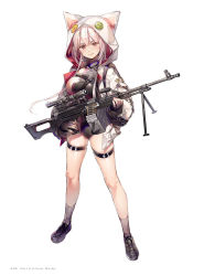 Rule 34 | 1girl, animal hood, breasts, closed mouth, dsmile, fingerless gloves, fingernails, full body, girls&#039; frontline, gloves, gun, highres, holding, holding weapon, hood, hooded jacket, jacket, large breasts, legs apart, leotard, lips, long hair, machine gun, open clothes, open jacket, page number, pink hair, purple eyes, scope, shiny clothes, shiny skin, shoes, simple background, smile, socks, solo, standing, tachi-e, thigh strap, ukm-2000 (girls&#039; frontline), weapon, white background