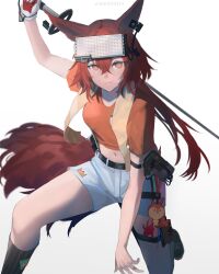 Rule 34 | 1girl, absurdres, animal ears, arknights, black socks, charm (object), cropped shirt, earpiece, exoius, flametail (arknights), flametail (sport for all) (arknights), hair between eyes, head-mounted display, highres, holding, holding sword, holding weapon, long hair, looking at viewer, midriff, navel, official alternate costume, on one knee, orange eyes, orange shirt, red hair, shirt, short sleeves, shorts, simple background, socks, solo, squirrel ears, squirrel girl, squirrel tail, sword, tail, weapon, white background, white shorts