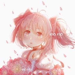 Rule 34 | 1girl, artist name, backlighting, bad id, bad pixiv id, blush, bouquet, buttons, choker, close-up, expressionless, eyelashes, flat chest, floating hair, flower, flower request, frilled sleeves, frills, hair between eyes, hair ribbon, holding, holding bouquet, kaname madoka, light particles, looking away, mahou shoujo madoka magica, mahou shoujo madoka magica (anime), parted lips, petals, pink eyes, pink flower, pink hair, pink ribbon, pink theme, puffy short sleeves, puffy sleeves, red choker, red neckwear, ribbon, ribbon choker, short sleeves, short twintails, sidelocks, simple background, solo, soul gem, twintails, upper body, white background, youxiaomo