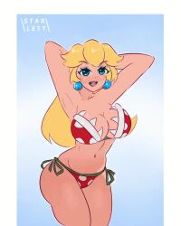 Rule 34 | 1girl, animated, armpits, arms behind head, ass, bikini, black bikini, blonde hair, blue eyes, bouncing breasts, breasts, cleavage, dancing, hair ribbon, large breasts, legs, long hair, looking at viewer, mario (series), me!me!me! dance (meme), meme, navel, nintendo, open mouth, piranha plant, princess, princess peach, ribbon, smile, solo, starlett, swimsuit, thick thighs, thighs, video, wide hips