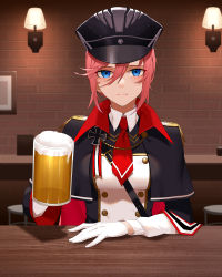 Rule 34 | 1girl, absurdres, alcohol, azur lane, beer, beer mug, black capelet, blue eyes, breasts, brick wall, buttons, capelet, commentary request, cup, double-breasted, epaulettes, gloves, hair between eyes, hat, highres, holding, holding cup, indoors, light smile, medium breasts, military, military uniform, mug, peaked cap, pink hair, pov across table, seydlitz (azur lane), short hair, solo, uniform, wall lamp, white gloves, wsfw