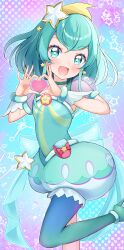 Rule 34 | 1girl, :d, absurdres, aqua eyes, aqua hair, blue shirt, blue shorts, blush, commentary request, cure milky, earrings, green footwear, hagoromo lala, hair between eyes, hair ornament, hairband, heart, high heels, highres, jewelry, long hair, looking at viewer, magical girl, open mouth, pointy ears, pouch, precure, puffy short sleeves, puffy shorts, puffy sleeves, rappi, see-through, see-through sleeves, shirt, short sleeves, shorts, single leg pantyhose, smile, solo, standing, standing on one leg, star (symbol), star earrings, star hair ornament, star in eye, star twinkle precure, symbol in eye, yellow hairband