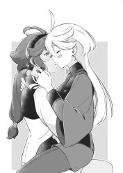 Rule 34 | 2girls, ahoge, asticassia school uniform, blush, closed eyes, commentary, commission, english commentary, greyscale, gundam, gundam suisei no majo, hairband, hand in another&#039;s hair, kiss, long hair, long sleeves, looking at another, miorine rembran, monochrome, multiple girls, pantyhose, parted lips, ponytail, school uniform, second-party source, shorts, sitting, sitting on lap, sitting on person, suletta mercury, tonton (mathcaca24), yuri