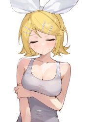 1girl blonde_hair breasts cleavage closed_eyes collarbone grey_shirt hair_ornament hairband hairclip highres kagamine_rin medium_breasts rakugaki_ningen shirt short_hair simple_background sleeveless sleeveless_shirt solo vocaloid white_background white_hairband