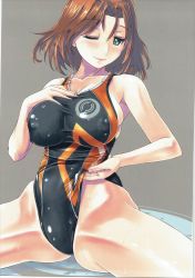 Rule 34 | 10s, 1girl, ;), adjusting clothes, adjusting swimsuit, armpits, azumi (girls und panzer), black one-piece swimsuit, blush, breasts, brown hair, cleavage, closed mouth, collarbone, competition swimsuit, emblem, girls und panzer, green eyes, groin, hair between eyes, hand on own chest, highres, impossible clothes, impossible swimsuit, large breasts, light smile, looking at viewer, nenchi, one-piece swimsuit, one eye closed, orange one-piece swimsuit, scan, selection university (emblem), short hair, sideboob, simple background, skin tight, skindentation, smile, solo, standing, swimsuit, taut clothes, upper body, wet, wet clothes, white background