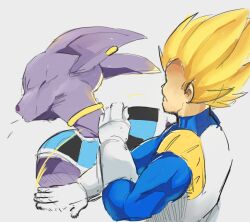 Rule 34 | &gt; &lt;, 2boys, absurdres, armor, beerus, blonde hair, blue bodysuit, bodysuit, breastplate, closed eyes, closed mouth, colored skin, commentary, dragon ball, dragon ball super, frown, gloves, highres, jewelry, male focus, markiicreative, meme, multiple boys, purple skin, slapping, spiked hair, super saiyan, upper body, vegeta, white background, white gloves, will smith slapping chris rock (meme)
