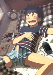 Rule 34 | 1boy, alarm clock, bed, black hair, blanket, blush, boxers, censored, clock, erection, closed eyes, handheld game console, headphones, kine (artist), male focus, male underwear, open mouth, penis, playstation portable, sleeping, solo, spread legs, underwear, wavy mouth