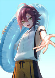 Rule 34 | 1boy, :d, ahoge, arm strap, black choker, black shirt, blue innertube, blue sky, brown shorts, choker, clear sky, clothing cutout, day, drawstring, genshin impact, green eyes, hair between eyes, hair intakes, hand up, hashtag-only commentary, holding, holding swim ring, hood, hood down, hoodie, innertube, long hair, looking at viewer, looking down, low ponytail, male focus, male swimwear, mole, mole under eye, multiple moles, open mouth, outdoors, outstretched arm, outstretched hand, parted bangs, ponytail, red hair, shikanoin heizou, shirt, shorts, side cutout, sideless outfit, sidelocks, sky, sleeveless, sleeveless hoodie, smile, solo, standing, swim ring, swim trunks, white hoodie, yonaka (yonaka221)