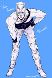 Rule 34 | 1boy, abs, bad id, bad pixiv id, bent over, blue background, blue eyes, character name, earrings, flattop, full body, hand on own hip, hand on own knee, jean pierre polnareff, jewelry, jojo no kimyou na bouken, male focus, monochrome, muscular, solo, spot color, twitter username, wristband, zazamiso