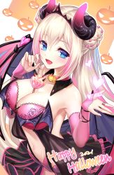 Rule 34 | 1girl, absurdres, bikini, blonde hair, blue eyes, breasts, character request, cleavage, demon girl, demon horns, demon wings, hair ornament, halloween, highres, horns, lalazyt, large breasts, long hair, midriff, multicolored hair, navel, pink bikini, pink sleeves, stomach, swimsuit, tokyo necro, tokyo necro suicide mission, wings
