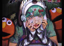 Rule 34 | 1girl, aqua shirt, black sleeves, blood, blue nails, blue overalls, bow, cat hair ornament, center-flap bangs, character hair ornament, commentary, dark background, elmo, english commentary, fingernails, glasses, green eyes, green hair, hair bow, hair ornament, hairclip, hands on own face, hat, hello kitty, hello kitty (character), highres, kadimamibak, licking blood, licking lips, long fingernails, looking at viewer, looking over eyewear, nosebleed, open mouth, original, overalls, pillarboxed, red bow, red lips, red overalls, sanpaku, sanrio, sesame street, shirt, short sleeves, solo, striped sleeves, stuffed toy, tongue, tongue out, upper body, white-framed eyewear, white hat, white sleeves