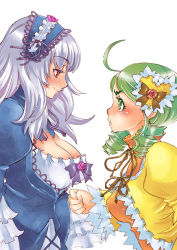 Rule 34 | 00s, 2girls, angry, blush, breast envy, breasts, cleavage, drill hair, green eyes, green hair, kanaria, large breasts, long hair, multiple girls, red eyes, rozen maiden, silver hair, smile, suigintou, tsuutenkaaku