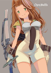 Rule 34 | 1girl, absurdres, armor, belt, black belt, breasts, closed mouth, collarbone, copyright name, gloves, green eyes, green pupils, grey background, hair intakes, highres, holding, holding sword, holding weapon, jumpsuit, legs apart, long hair, medium breasts, muramasa mikado, no nose, ogre battle, opinion leader (ogre battle), orange hair, short jumpsuit, shoulder armor, smile, solo, standing, sword, very long hair, weapon, white gloves, white jumpsuit, wrist belt, yoshida akihiko (style)