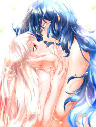 Rule 34 | 2girls, bad id, bad pixiv id, blue eyes, blue hair, blush, breasts, eye contact, eyelashes, hand in own hair, hand on another&#039;s cheek, hand on another&#039;s face, hug, long hair, looking at another, looking down, looking up, medium breasts, multiple girls, mutou mato, nude, open mouth, original, red eyes, very long hair, white hair, yuri