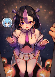 Rule 34 | 1girl, 1other, :d, ^ ^, absurdres, bare shoulders, black hair, blue hair, blush, breasts, closed eyes, commentary, earrings, english commentary, goddess of victory: nikke, highres, jack-o&#039;-lantern, jewelry, jimpu6, looking at viewer, medium breasts, medium hair, midriff, mole, mole under eye, navel, open mouth, pleated skirt, pov, purple eyes, purple hair, shifty (nikke), skirt, smile, syuen (nikke)