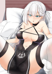 Rule 34 | 1girl, absurdres, akaoni (zumt3548), azur lane, bare hips, bare shoulders, bed, bed sheet, blue eyes, blush, breasts, breasts apart, commentary request, criss-cross halter, dress, from above, halter dress, halterneck, highres, long hair, looking at viewer, lying, mole, mole under eye, no bra, on back, on bed, one side up, pelvic curtain, race queen, shoukaku (azur lane), shoukaku (sororal wings) (azur lane), spread legs, thighhighs, white hair