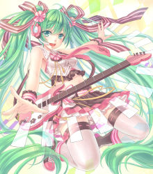 Rule 34 | 1girl, ahoge, bass guitar, belt, electric guitar, green eyes, green hair, guitar, hair ribbon, hatsune miku, headset, highres, instrument, kneeling, long hair, looking at viewer, maple, maple (maplehy), matching hair/eyes, midriff, necktie, outstretched arms, ribbon, skirt, solo, spread arms, thighhighs, twintails, very long hair, vocaloid