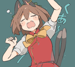 Rule 34 | 1girl, = =, adapted costume, animal ears, arms up, blue background, bow, bowtie, breasts, brown hair, cat ears, cat tail, chen, citrus (place), closed eyes, earrings, fangs, hat, jewelry, mob cap, multiple tails, nekomata, puffy short sleeves, puffy sleeves, red skirt, red vest, short hair, short sleeves, simple background, single earring, skirt, squeans, small breasts, solo, tail, tearing up, touhou, two tails, vest, wavy mouth, yawning, yellow bow, yellow bowtie