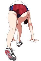Rule 34 | 1girl, arm support, ass, bent over, black hair, from behind, full body, gym shorts, gym uniform, highres, long hair, matsunaga kouyou, original, polka dot, polka dot shorts, shoes, shorts, simple background, sneakers, solo, track and field, white background