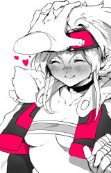 Rule 34 | 1girl, 1other, absurdres, bandages, bandaged hand, bandages, bandeau, blush, breasts, choker, closed mouth, disembodied hand, closed eyes, goggles, goggles on head, hair between eyes, hand up, happy, headpat, heart, highres, jacket, medium breasts, medium hair, monochrome, niwamaru (niwarhythm), niwarhythm, open clothes, open jacket, original, red theme, simple background, smile, upper body, white background