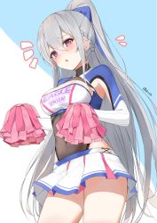 Rule 34 | 1girl, :o, ^^^, absurdres, armpit cutout, azur lane, black leotard, blue bow, blush, bow, braid, breasts, casablanca (azur lane), casablanca (cheer squad on break) (azur lane), cheerleader, cleavage, cleavage cutout, clothing cutout, covered navel, dorok, flying sweatdrops, from below, hair between eyes, hair bow, high ponytail, highres, holding, leotard, leotard under clothes, long hair, long sleeves, looking at viewer, looking down, medium breasts, miniskirt, open mouth, pleated skirt, pom pom (cheerleading), silver hair, skirt, solo, straight hair, two-tone background, very long hair, white skirt