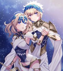 Rule 34 | 1boy, 1girl, armlet, armor, bad id, bad pixiv id, bare shoulders, black shirt, blonde hair, blue eyes, blush, bracer, breasts, brother and sister, castor (fate), closed mouth, collar, diadem, fate/grand order, fate (series), faulds, halterneck, highres, holding hands, ichiko (fraisecandy 15), looking at viewer, medium hair, metal collar, open mouth, pauldrons, pollux (fate), revision, robe, shirt, short hair, shoulder armor, siblings, sky, small breasts, star (sky), starry sky, sword, twins, weapon, white robe