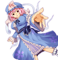 Rule 34 | 1girl, breasts, female focus, ghost, hat, hitodama, japanese clothes, kimono, large breasts, long sleeves, looking at viewer, mob cap, pink eyes, pink hair, saigyouji yuyuko, sasago kaze, short hair, simple background, solo, touhou, triangular headpiece, white background