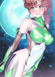 Rule 34 | 1girl, absurdres, arion canvas, bodysuit, breasts, brown hair, covered erect nipples, gloves, green eyes, highres, kino makoto, large breasts, long hair, looking at viewer, magical girl, ponytail, sailor jupiter, skin tight, smile, solo, taimanin (series), taimanin suit