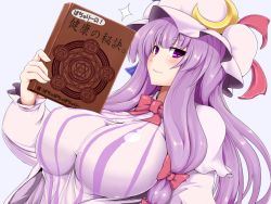 Rule 34 | 1girl, arm up, blush, book, breasts, capelet, crescent, dress, female focus, hair ribbon, hat, holding up, large breasts, long hair, magic circle, oisinbou, patchouli knowledge, purple dress, purple eyes, purple hair, ribbon, smile, solo, striped clothes, striped dress, touhou, translation request