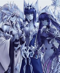 Rule 34 | 3girls, absurdres, bare shoulders, blue eyes, blue hair, blue skin, blue theme, blunt bangs, blush, breasts, center opening, cleavage, collarbone, colored skin, crown, detached sleeves, elbow gloves, eyepatch, facial mark, glacies (monster girl encyclopedia), gloves, grey eyes, hair between eyes, hairband, hand on own cheek, hand on own face, highres, ice, ice queen (monster girl encyclopedia), large breasts, long hair, looking at viewer, monster girl encyclopedia, multiple girls, navel, no pupils, parted lips, ponytail, sidelocks, silver hair, snowflakes, trait connection, tsurara onna (monster girl encyclopedia), twintails, very long hair, wide sleeves, zakirsiz