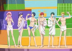 Rule 34 | 10s, 6+boys, ;), artist request, barefoot, bishounen, blonde hair, blue hair, blue male swimwear, blue swim briefs, bottle, brothers, f6, glasses, green hair, hand on own hip, lineup, looking at viewer, male focus, male swimwear, matsuno choromatsu, matsuno ichimatsu, matsuno jyushimatsu, matsuno karamatsu, matsuno osomatsu, matsuno todomatsu, multiple boys, naked towel, off shoulder, official art, one eye closed, osomatsu-kun, osomatsu-san, pink hair, purple hair, red hair, removing eyewear, robe, sextuplets, siblings, smile, swim briefs, swimsuit, towel, undressing