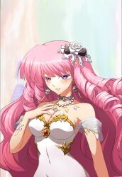 Rule 34 | 1girl, blush, confession, crystal, dress, earrings, jewelry, langrisser, langrisser mobile, long hair, looking at viewer, official art, ornament, pig tail, pink hair, purple eyes, rozenciel (langrisser), tail, white dress