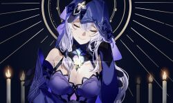 Rule 34 | 1girl, bare shoulders, black background, black swan (honkai: star rail), breasts, candle, cleavage, closed eyes, commentary request, dress, e miya, facing viewer, fire, highres, honkai: star rail, honkai (series), long hair, medium breasts, purple dress, smile, solo, upper body, veil, white hair