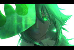 Rule 34 | 1boy, absurdres, bad id, bad pixiv id, blurry, blurry foreground, closed mouth, collared shirt, creatures (company), crown, game freak, glowing, glowing eyes, green eyes, green hair, green theme, half-closed eyes, highres, iogi (iogi k), letterboxed, light particles, long hair, male focus, matching hair/eyes, n (pokemon), nintendo, pokemon, pokemon bw, portrait, shirt, simple background, solo, straight-on, white background, white shirt