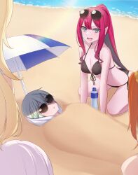 Rule 34 | 5girls, alternate costume, alternate hairstyle, beach, bikini, black bikini, blonde hair, breasts, cleavage, collarbone, commentary request, eyewear on head, barghest (fate), melusine (fate), baobhan sith (fate), fang, fate/grand order, fate (series), fujimaru ritsuka (female), grey eyes, grey hair, highres, long hair, lying, medium breasts, morgan le fay (fate), mother and daughter, multiple girls, open mouth, orange hair, parasol, pointy ears, red hair, sand, sand sculpture, slit pupils, squatting, sunglasses, swimsuit, umbrella, water, white hair, yu sakae