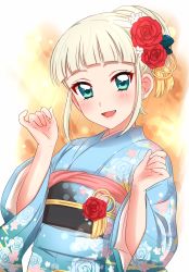 Rule 34 | 1girl, :d, aikatsu!, aikatsu! (series), alternate costume, blonde hair, blue kimono, blunt bangs, commentary request, fang, floral print, flower, green eyes, hair ornament, hands up, highres, japanese clothes, kimono, long sleeves, looking at viewer, obi, open mouth, red flower, red rose, rose, sash, sekina, smile, solo, todo yurika, upper body, wide sleeves
