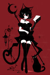 Rule 34 | 1girl, animal ears, artist name, bare shoulders, black gloves, black hair, black thighhighs, book, cat ears, cat tail, commentary, crossed legs, full body, gloves, hand up, highres, holding, holding book, looking at viewer, off shoulder, original, puffy short sleeves, puffy sleeves, red background, red eyes, sheya, short hair, short sleeves, signature, single glove, solo, standing, symbol-only commentary, tail, thighhighs, watson cross