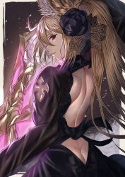 Rule 34 | 1girl, absurdres, animal ears, ass cutout, backless outfit, bare back, black dress, blonde hair, braid, butt crack, clothing cutout, dress, erune, french braid, frilled dress, frills, granblue fantasy, highres, koucha miruku, long hair, looking at viewer, red eyes, solo, sword, very long hair, weapon, yuisis (granblue fantasy)
