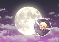Rule 34 | 1girl, blonde hair, cicin, embodiment of scarlet devil, fang, female focus, full moon, hair ribbon, moon, necktie, outdoors, red eyes, ribbon, rumia, sky, solo, touhou