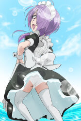 Rule 34 | 1girl, apron, ass, black dress, character request, cloud, dress, frilled apron, frills, gegege no kitarou, haruyama kazunori, long hair, looking at viewer, maid, maid apron, maid headdress, open mouth, puffy short sleeves, puffy sleeves, short sleeves, skirt, smile, solo, thighhighs, waist apron, water, white apron