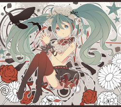 Rule 34 | 1girl, bird, flower, green eyes, green hair, hair flower, hair ornament, hatsune miku, highres, honda (931568), letterboxed, long hair, matching hair/eyes, navel, nisoku hokou (vocaloid), project diva (series), project diva f 2nd, rose, sitting, skirt, solo, steepled fingers, thighhighs, twintails, very long hair, vocaloid