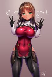 Rule 34 | 1girl, alice gear aegis, black legwear, bodysuit, breasts, brown hair, closed mouth, commentary request, covered navel, cowboy shot, dark-skinned female, dark skin, double v, doyouwantto, female focus, gradient background, green eyes, impossible bodysuit, impossible clothes, kaneshiya sitara, large breasts, signature, skindentation, smile, solo, translation request, v