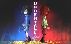 Rule 34 | 10s, 2016, androgynous, artist name, back-to-back, blood, bloody knife, bloody weapon, boots, brown hair, chara (undertale), closed eyes, copyright name, dagger, field, flower, flower bed, flower field, flowey (undertale), frisk (undertale), full body, gender request, knife, lalalaleng, leggings, long sleeves, shoes, shorts, signature, spoilers, standing, stepped on, stick, striped clothes, striped sweater, sweater, undertale, weapon
