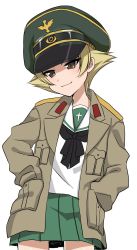Rule 34 | 10s, 1girl, black bow, blonde hair, bow, brown eyes, brown jacket, closed mouth, commentary, cowboy shot, erwin (girls und panzer), girls und panzer, goggles, goggles on headwear, green hat, hands in pockets, hat, head tilt, highres, jacket, long hair, long sleeves, looking at viewer, military hat, military jacket, ooarai school uniform, open clothes, open jacket, peaked cap, pointy hair, ruruepa, school uniform, short hair, simple background, smile, solo, standing, white background