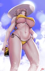 Rule 34 | 1girl, absurdres, bikini, breasts, cameltoe, covered erect nipples, fate/grand order, fate (series), florence nightingale (fate), from below, hand on own hip, hat, highres, huge breasts, looking at viewer, looking back, outdoors, red eyes, solo, sun hat, swimsuit, underboob, yellow bikini