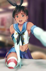 Rule 34 | 1boy, black hair, black neckerchief, black panties, blue sailor collar, blurry, cosplay, crop top, crossdressing, crossover, dark-skinned male, dark skin, depth of field, elbow gloves, gloves, grey eyes, hairband, highleg, highleg panties, highres, kantai collection, looking at viewer, male focus, microskirt, minamijima command, neckerchief, on table, panties, phichit chulanont, pleated skirt, reaching, reaching towards viewer, sailor collar, selfie, shimakaze (kancolle), shimakaze (kancolle) (cosplay), short hair, skirt, smile, solo, striped clothes, striped thighhighs, table, thighhighs, trap, underwear, white gloves, yuri!!! on ice