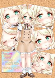Rule 34 | 1girl, :d, ;o, ahoge, blush, bow, brown bow, brown dress, brown footwear, character name, closed eyes, closed mouth, commentary request, dated, dress, frilled dress, frilled socks, frills, green eyes, happy birthday, highres, idolmaster, idolmaster cinderella girls, one eye closed, open mouth, parted bangs, parted lips, photo (object), puffy short sleeves, puffy sleeves, regular mow, shirt, shoes, short sleeves, sleeveless, sleeveless dress, smile, socks, solo, white shirt, white socks, yusa kozue