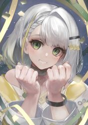 Rule 34 | 1girl, a.i. voice, absurdres, akiba (nagusami), asymmetrical bangs, bare shoulders, black choker, blonde hair, braid, braided bangs, choker, clenched hands, commentary, confetti, green eyes, grey hair, grin, hair ornament, hairclip, hands up, head tilt, highres, jacket, light particles, long hair, long sleeves, looking at viewer, multicolored clothes, multicolored hair, multicolored jacket, off shoulder, open clothes, open jacket, shirt, single hair intake, smile, solo, spaghetti strap, streaked hair, streamers, tsunose kotone, two-tone jacket, upper body, white jacket, white shirt, wristband, yellow jacket