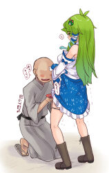 Rule 34 | 1boy, 1girl, antenna hair, bald, blue skirt, blush, boots, breasts, brown footwear, commentary request, cup, dated, detached sleeves, faceless, faceless male, frilled skirt, frills, frog hair ornament, full body, green eyes, green hair, grey kimono, hair ornament, holding, holding cup, japanese clothes, kei jiei, kimono, kochiya sanae, large breasts, long hair, looking at another, open mouth, panties, panty pull, pee, peeing, sakazuki, sandals, shirt, single hair tube, skirt, sleeveless, sleeveless shirt, smile, snake hair ornament, standing, touhou, translation request, underwear, white background, white shirt, white sleeves, zouri